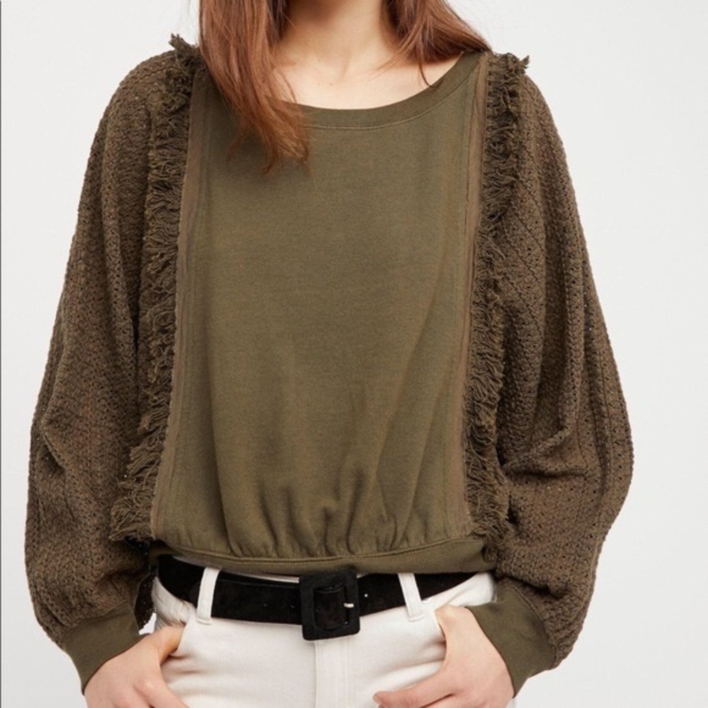 Free People Faff & Fringe Sweater Olive Green Size M